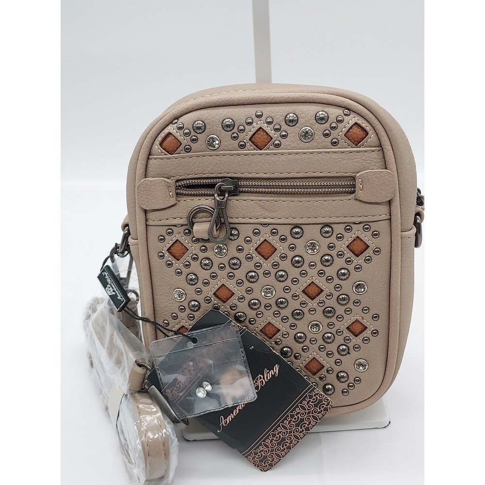 American Bling Western Studded‎ Rhinestone Crossbody Bag Taupe Vegan Leather NEW